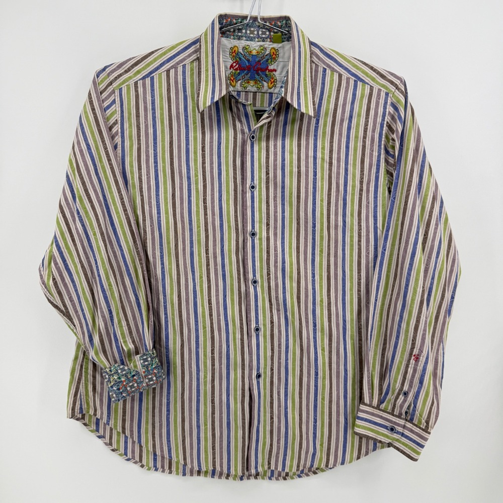 Robert Graham Button Down Mens 3XL Multi Stripe Paisley Cotton Rayon Classic Fit